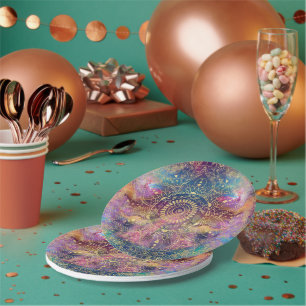 Gold Mandala Watercolor Colorful Nebula Paper Plate