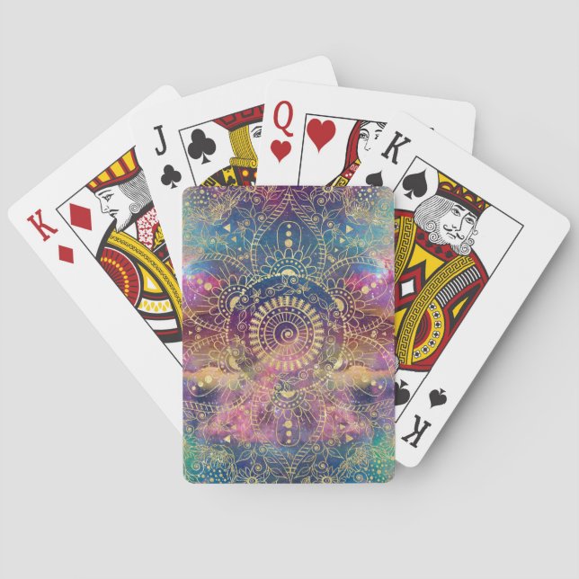 Gold Mandala Watercolor Colorful Nebula Playing Cards (Back)