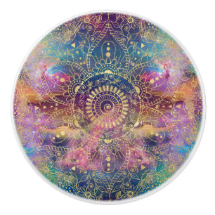 Gold Mandala Watercolor Colourful Nebula Ceramic Knob