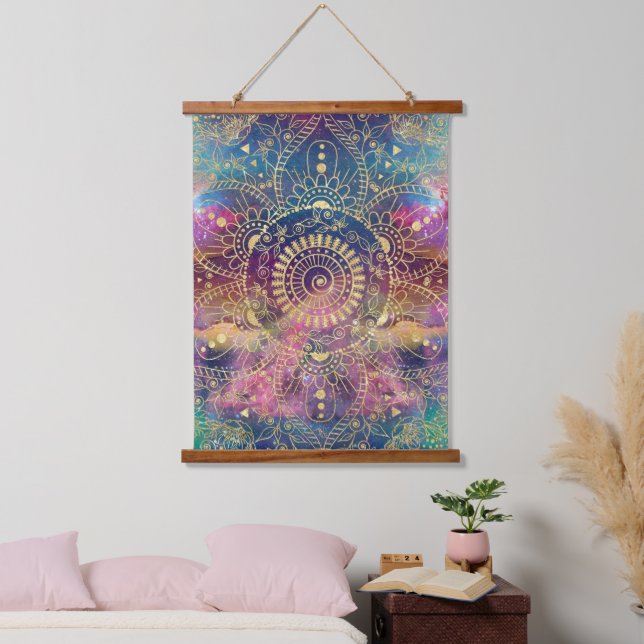 Gold Mandala Watercolor Colourful Nebula Hanging Tapestry (Bedroom)