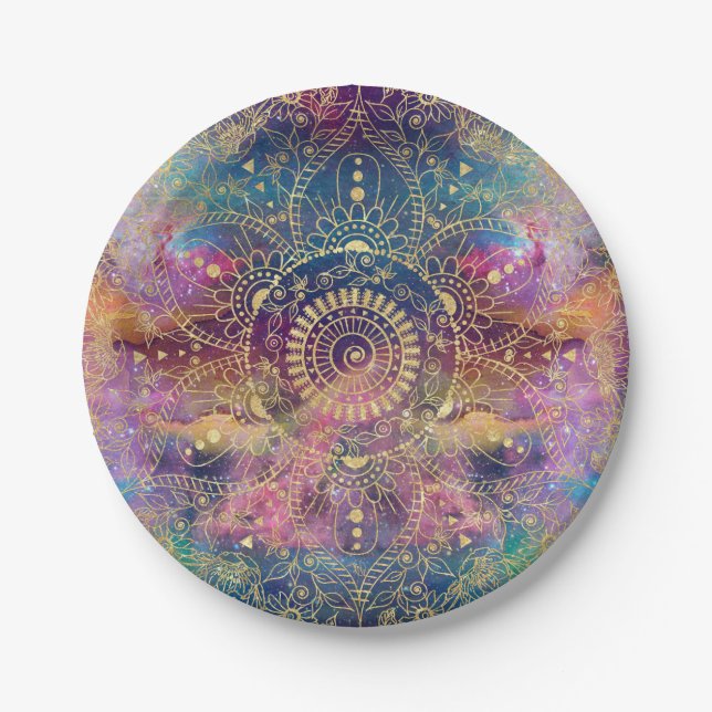 Gold Mandala Watercolor Colourful Nebula Paper Plate (Front)
