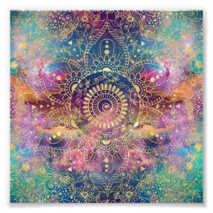 Gold Mandala Watercolor Colourful Nebula Photo Print