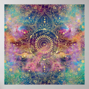 Gold Mandala Watercolor Colourful Nebula Poster