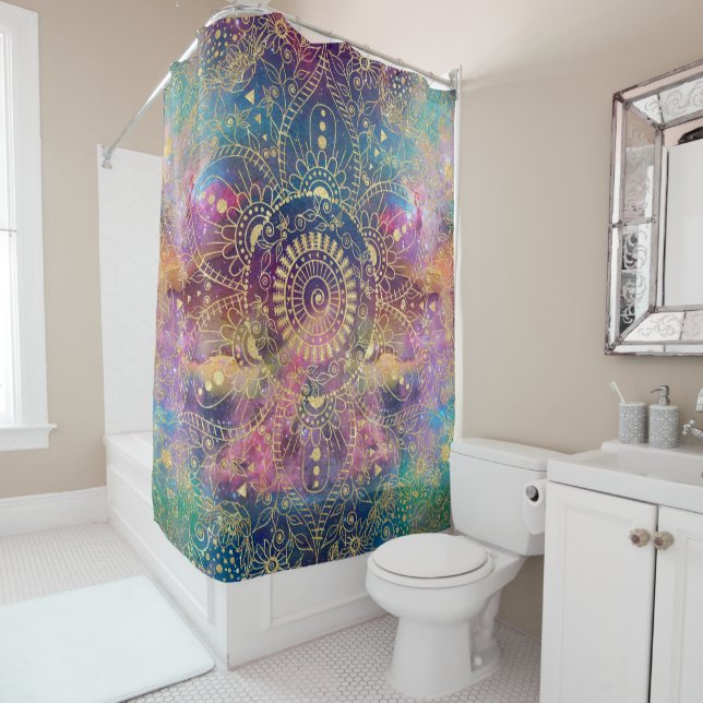Gold Mandala Watercolor Colourful Nebula Shower Curtain (In Situ)
