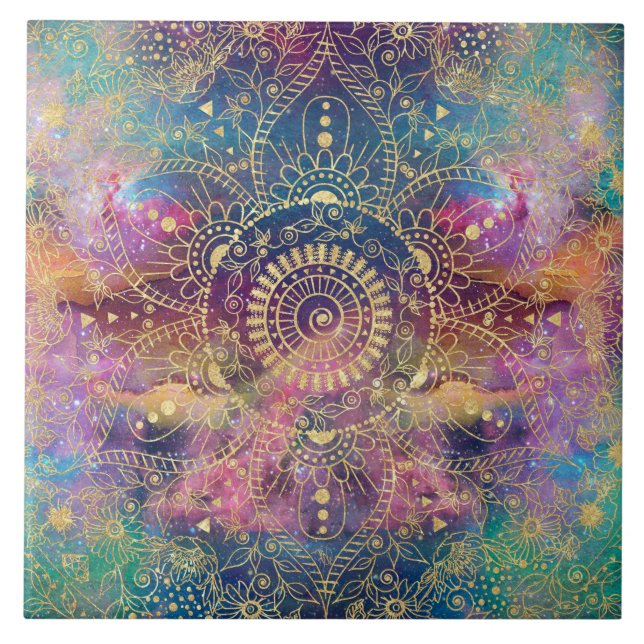 Gold Mandala Watercolor Colourful Nebula Tile (Front)