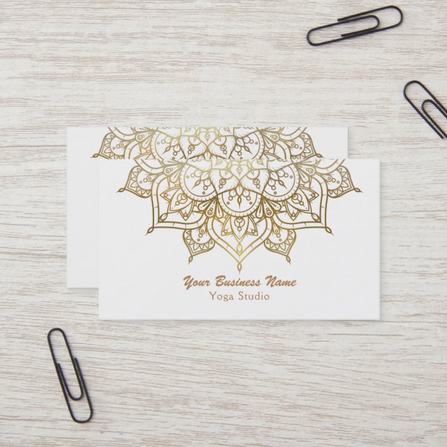 Gold Mandala White Chic Classy Modern Yoga Business Card (Front/Back In Situ)