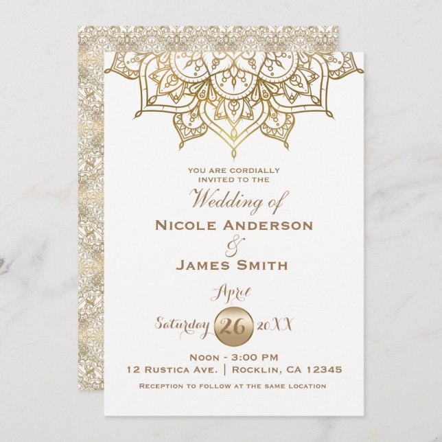 Gold Mandala White Modern Elegant Minimal Wedding Invitation (Front/Back)