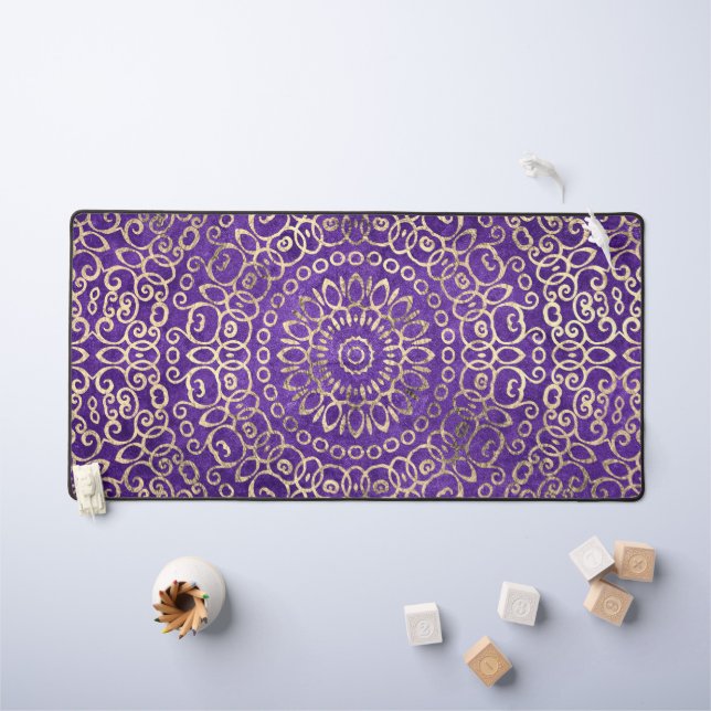  Gold Mandala Zen Pretty Girly Boho Bright Purple Desk Mat (Kids Table)