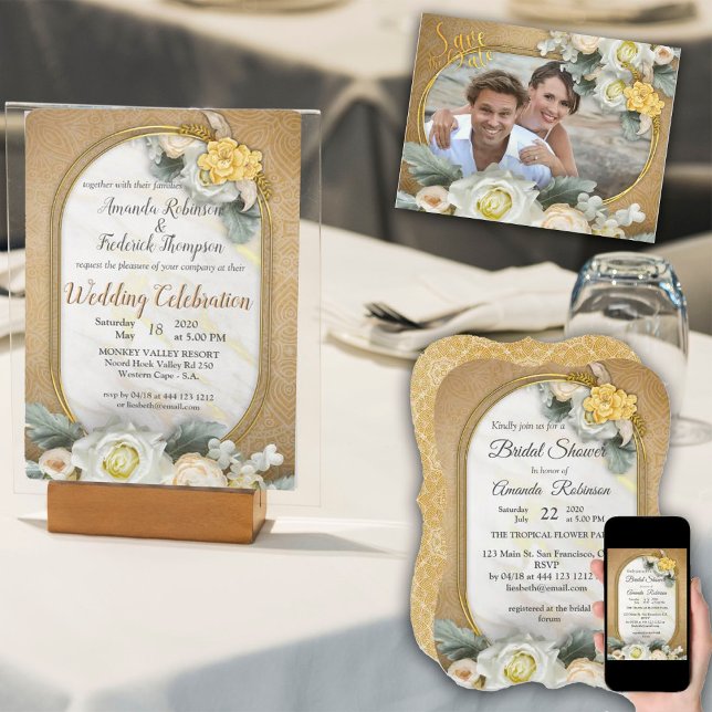 Gold Mandalas of Various Geometric Circle photo RSVP Card (Gold Mandalas of various geometric circles with white roses invitations)