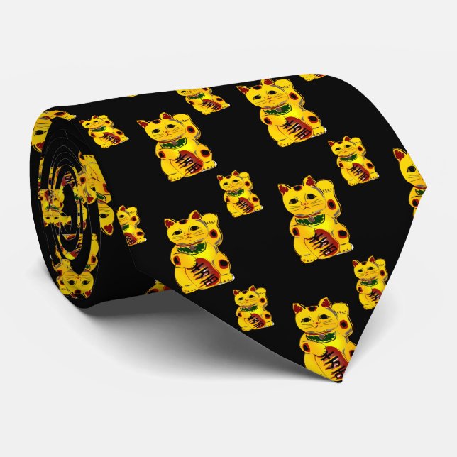 Gold Maneki Neko on Black Tie (Rolled)