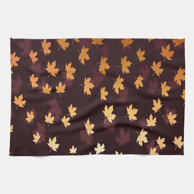 Gold Maple Leaf on dark red Tea Towel (Horizontal)