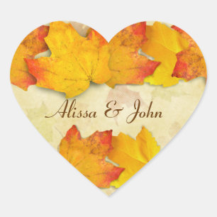 Gold Maple Leaves Couples Heart Sticker