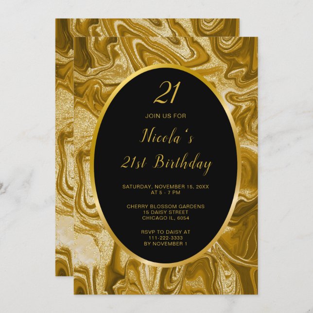Gold Marble Agate 21st Birthday Invitation (Front/Back)