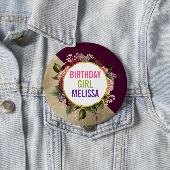 Gold Marble and Burgundy Florals Birthday Girl 10 Cm Round Badge (In Situ)