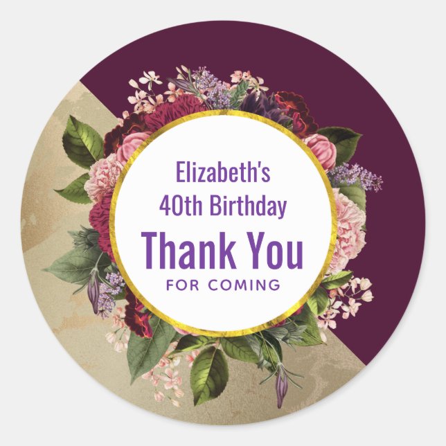 Gold Marble and Burgundy Florals Birthday Thanks Classic Round Sticker (Front)