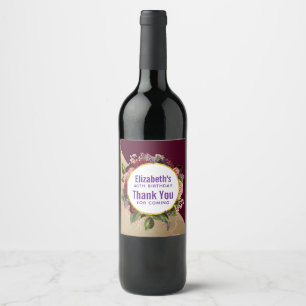 Gold Marble and Burgundy Florals Birthday Thanks Wine Label