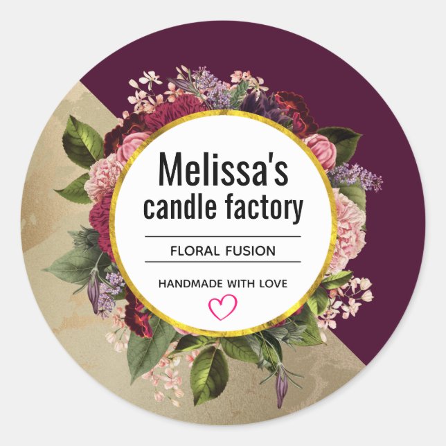 Gold Marble and Burgundy Florals Candle Soap Scent Classic Round Sticker (Front)