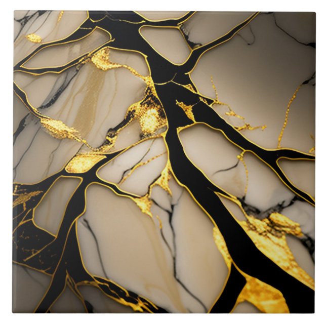 Gold Marble Ceramic with Black Crystalline Veins Ceramic Tile (Front)
