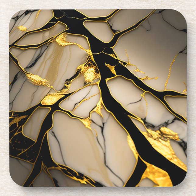 Gold Marble Ceramic with Black Crystalline Veins Coaster (Front)