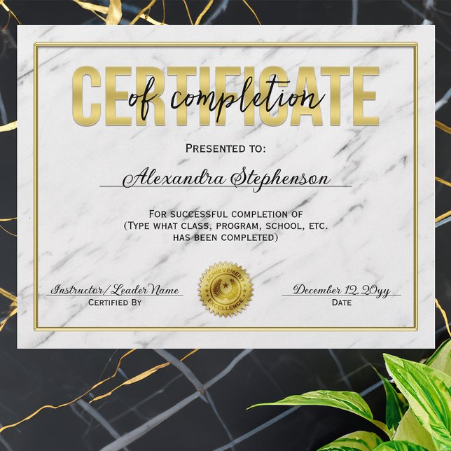 Gold Marble Certificate of Completion Course Award (certificate of completion)