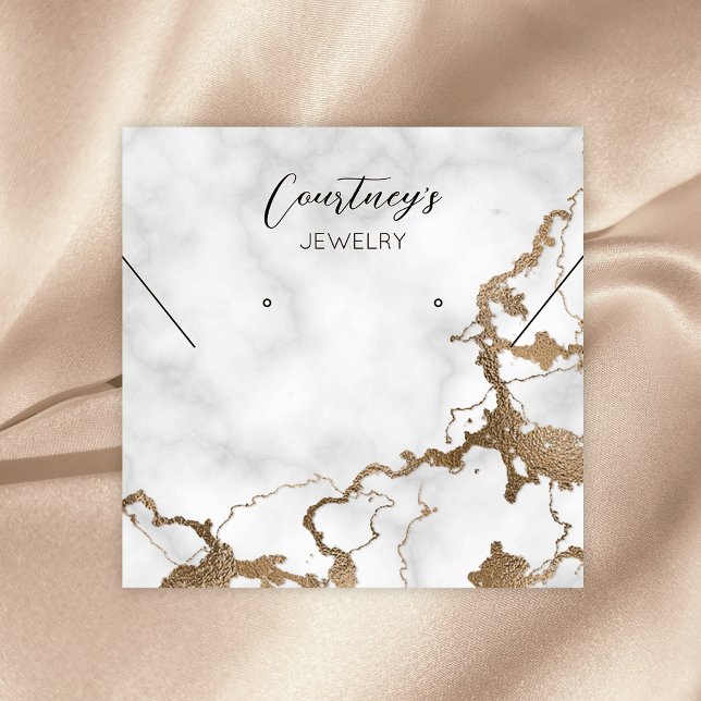 Gold Marble Chic Bracelet Earring Jewellery Displa Square Business Card (Marble and gold glitter jewelry packaging cards with elegant calligraphy font and business details)
