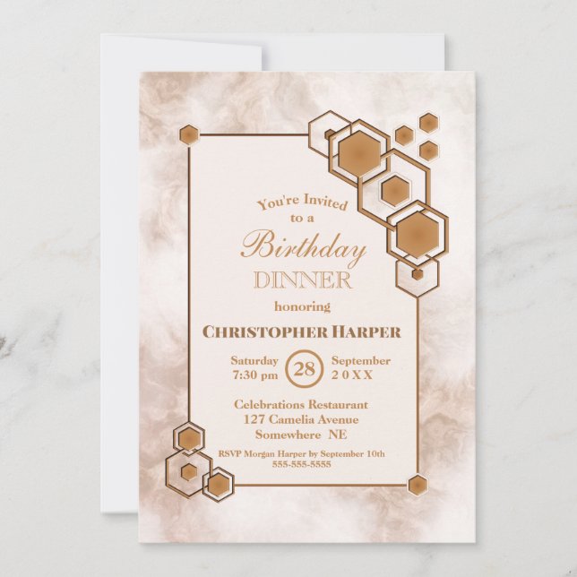 Gold Marble Geometric Birthday Dinner Party Invitation (Front)
