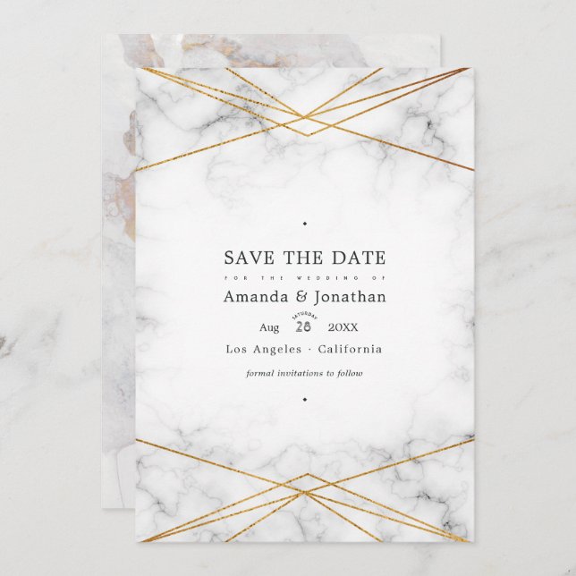 Gold Marble Geometric Wedding Photo Save The Date (Front/Back)