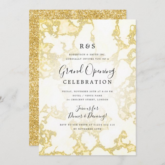 Gold Marble Glitter Corporate Grand Opening  Invitation (Front/Back)