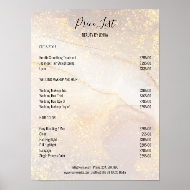 Gold Marble Glitter Salon Price Lists Poster (Front)