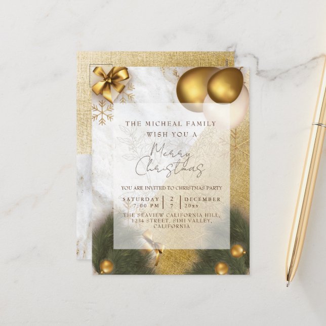 Gold Marble glitter Year & Christmas party supply Holiday Postcard (Front/Back In Situ)