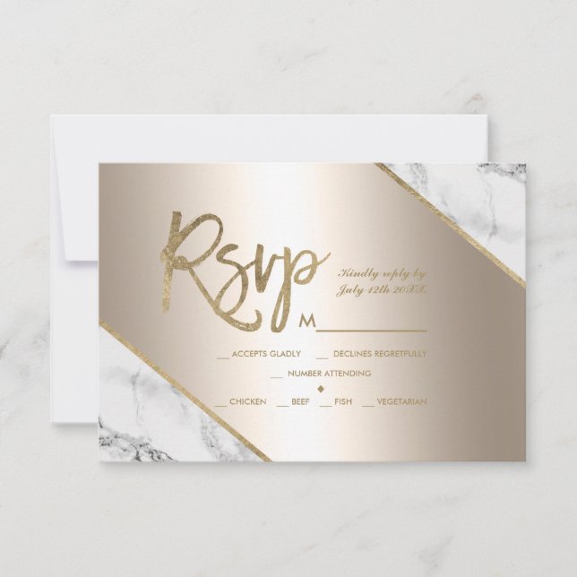 gold marble metallic foil glitter rsvp wedding card (Front)