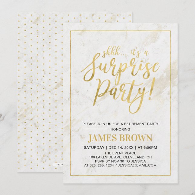Gold & Marble | Modern Surprise Retirement Party Invitation (Front/Back)