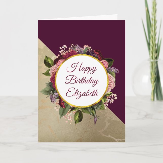 Gold Marble Pattern and Burgundy Floral Birthday Card (Front)