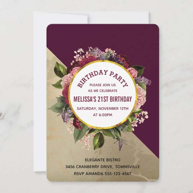 Gold Marble Pattern and Burgundy Floral Birthday Invitation (Front)
