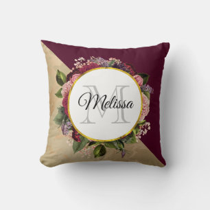 Gold Marble Pattern and Burgundy Floral Monogram Cushion