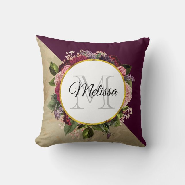 Gold Marble Pattern and Burgundy Floral Monogram Cushion (Front)