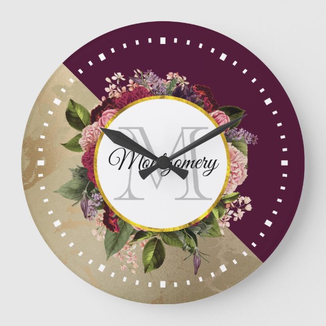 Gold Marble Pattern and Burgundy Floral Monogram Large Clock (Front)