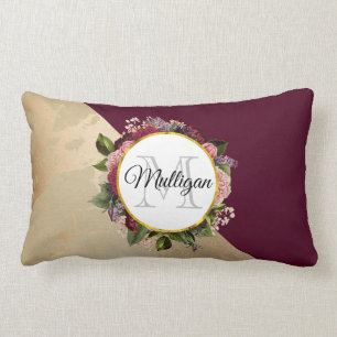 Gold Marble Pattern and Burgundy Floral Monogram Lumbar Cushion