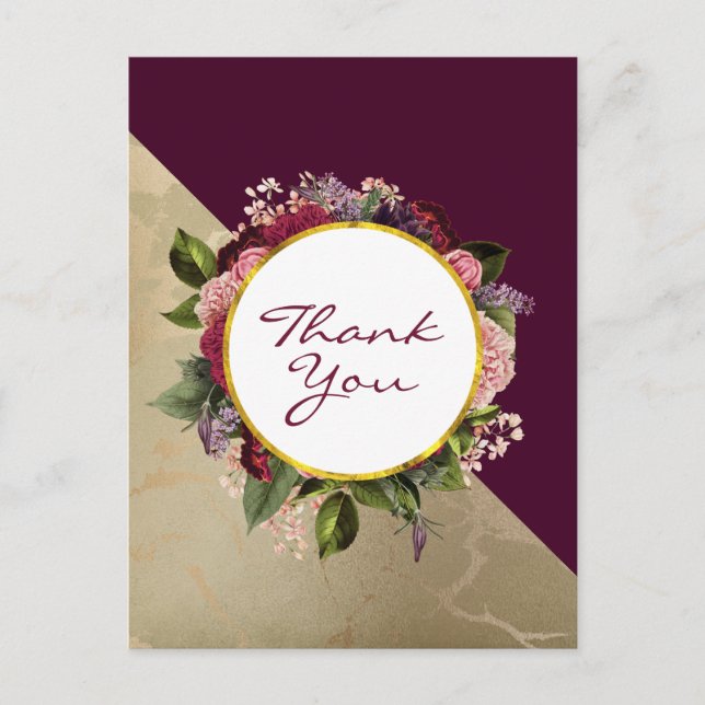 Gold Marble Pattern and Burgundy Floral Thank You Postcard (Front)