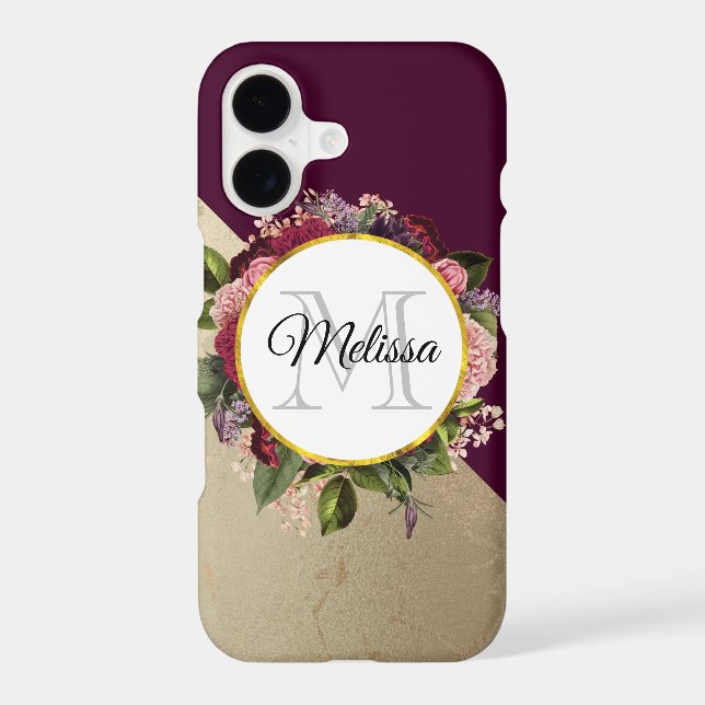 Gold Marble Pattern and Burgundy Florals Monogram (Back)