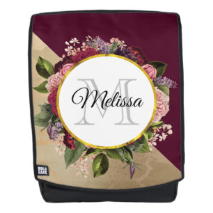 Gold Marble Pattern and Burgundy Florals Monogram Backpack
