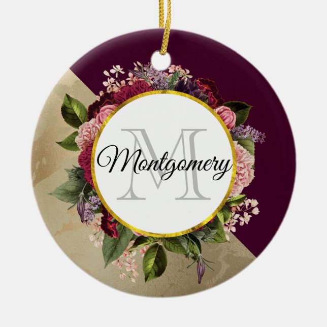 Gold Marble Pattern and Burgundy Florals Monogram Ceramic Ornament (Front)