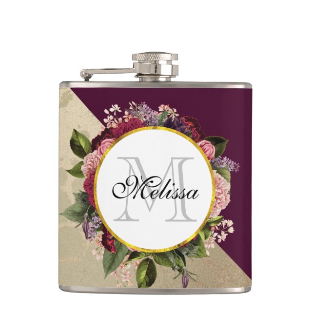 Gold Marble Pattern and Burgundy Florals Monogram Hip Flask (Front)