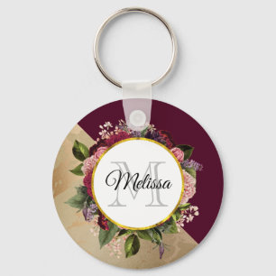 Gold Marble Pattern and Burgundy Florals Monogram Key Ring