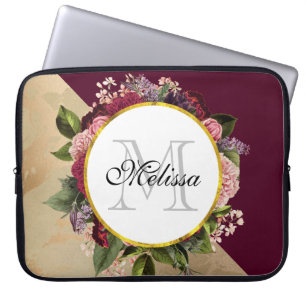 Gold Marble Pattern and Burgundy Florals Monogram Laptop Sleeve