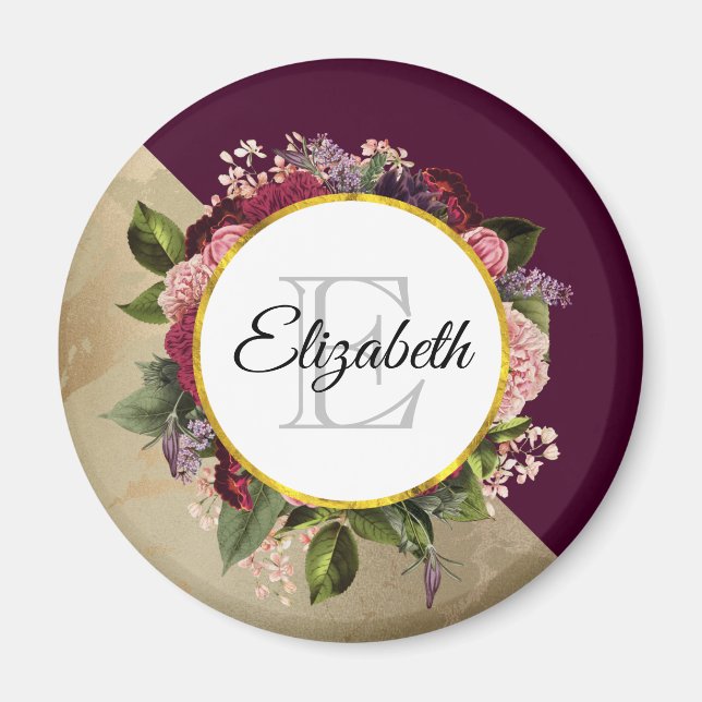 Gold Marble Pattern and Burgundy Florals Monogram Magnet (Front)