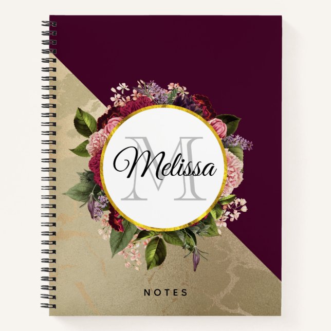 Gold Marble Pattern and Burgundy Florals Monogram Notebook (Front)