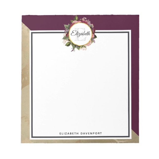 Gold Marble Pattern and Burgundy Florals Monogram Notepad (Front)