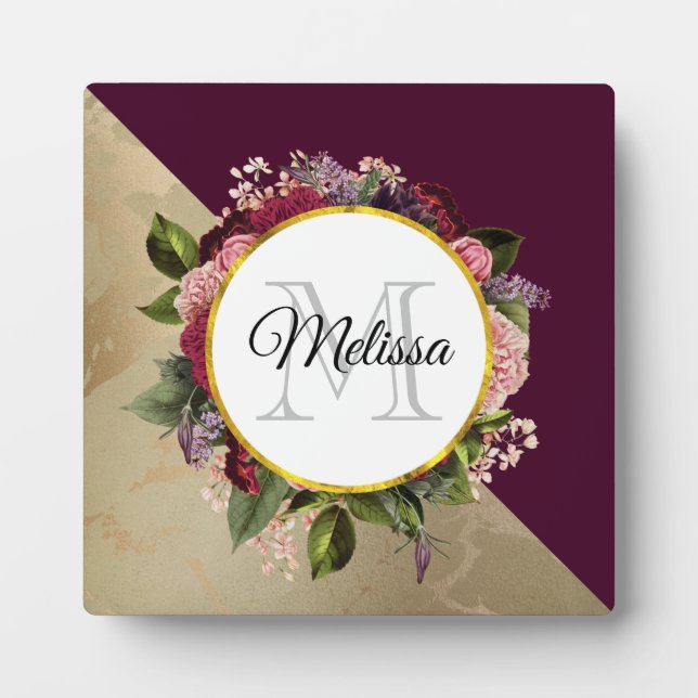 Gold Marble Pattern and Burgundy Florals Monogram Plaque (Front)