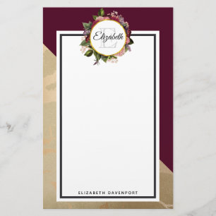 Gold Marble Pattern and Burgundy Florals Monogram Stationery